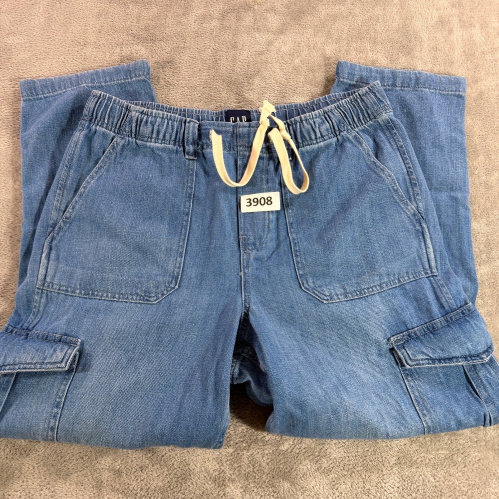 Gap Easy Jean Cargo Women M Blue Indigo Elastic Waist Drawstring Denim Pants